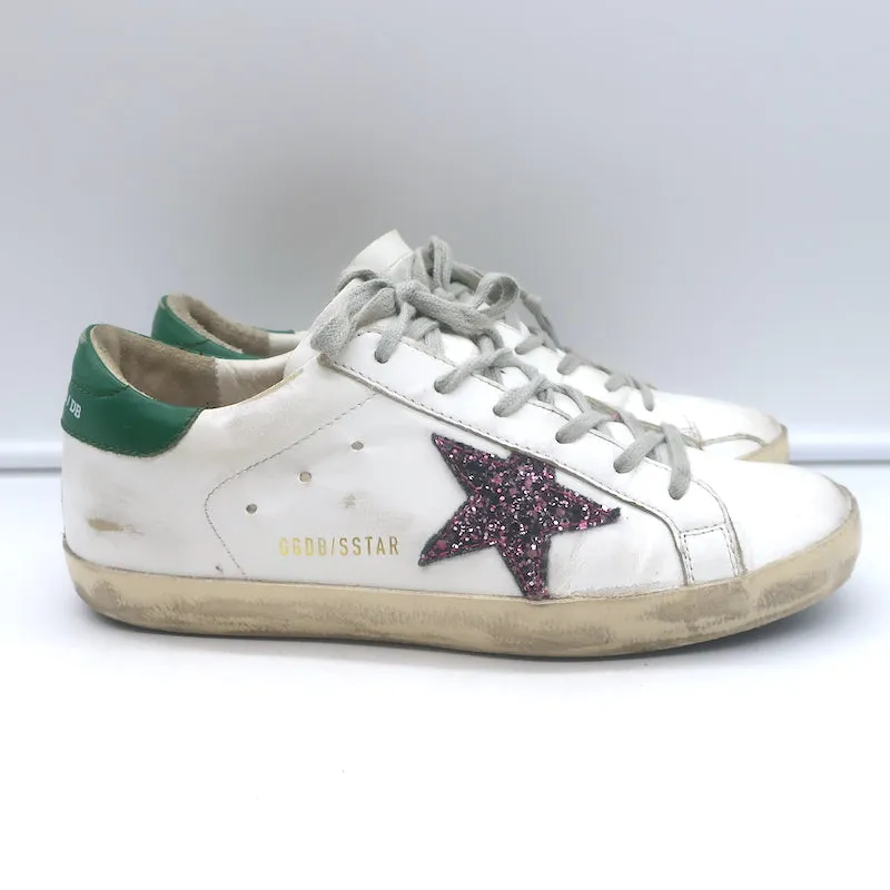 Golden Goose Superstar Glitzer Stern Sneakers Weiß & Grün Leder Größe 38