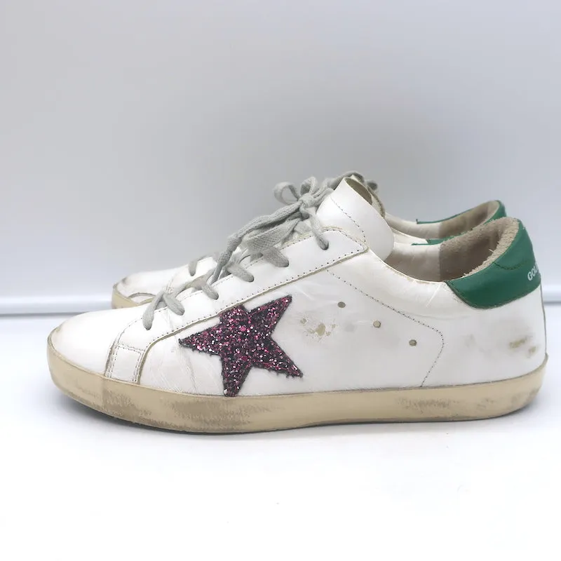 Golden Goose Superstar Glitzer Stern Sneakers Weiß & Grün Leder Größe 38