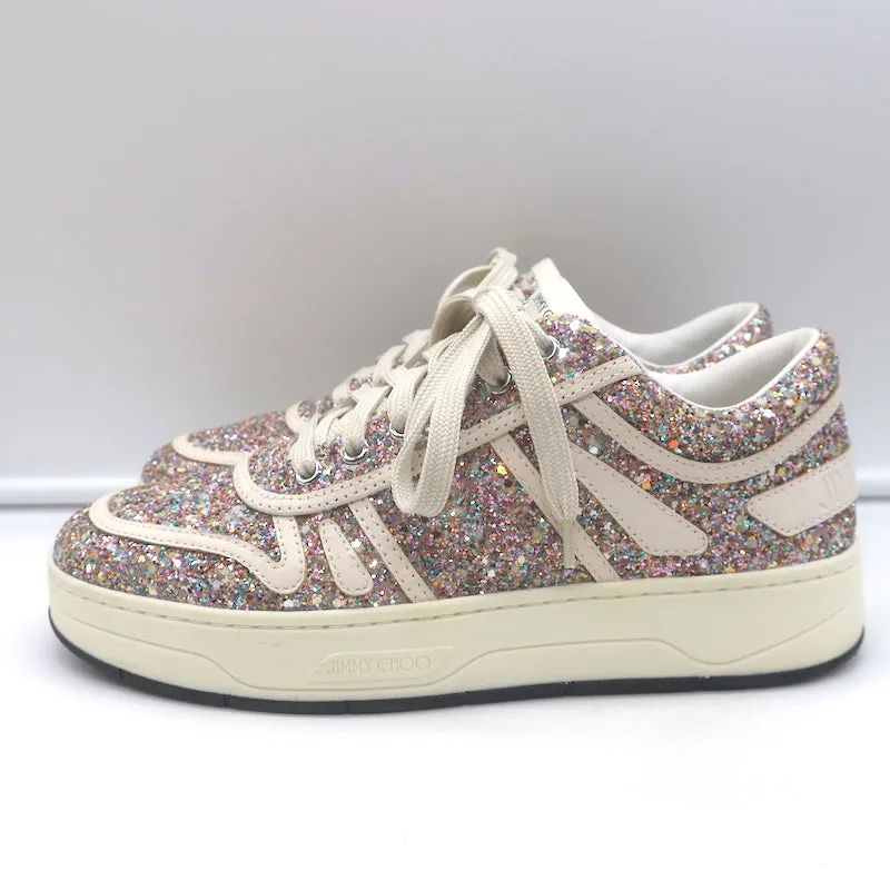 Jimmy Choo Hawaii Glow in the Dark Glitzer Low-Top-Sneakers Pink/Weiß Größe 38